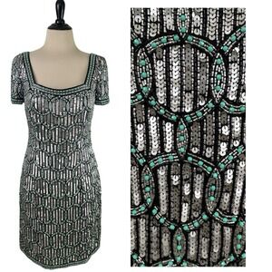Beaded Sequin Mini DRESS S Silver Blue Black Metallic Party Holiday Gatsby 20s
